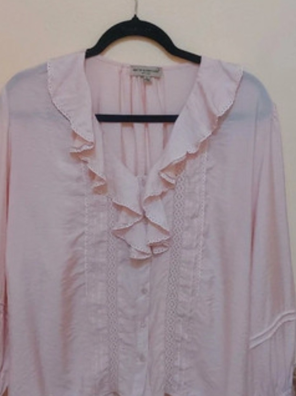 Light Pink Ruffle-Front Blouse with Lace Trim
